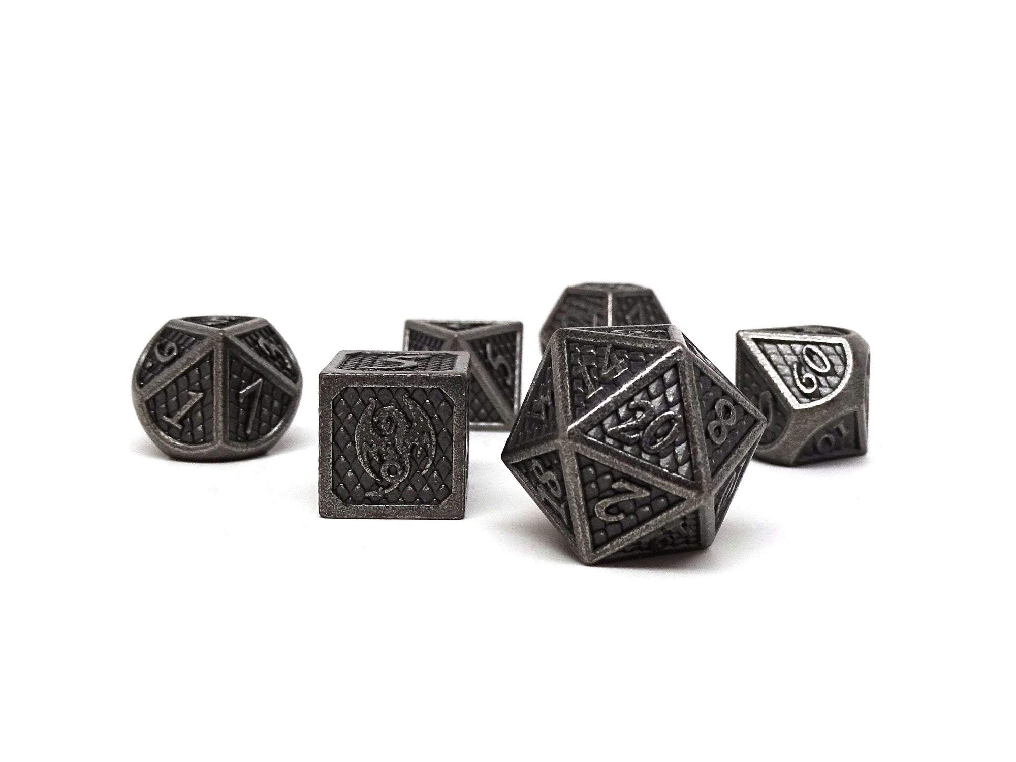 Dragon Scale Metal Dice - Bordered Silver Dragon Scales