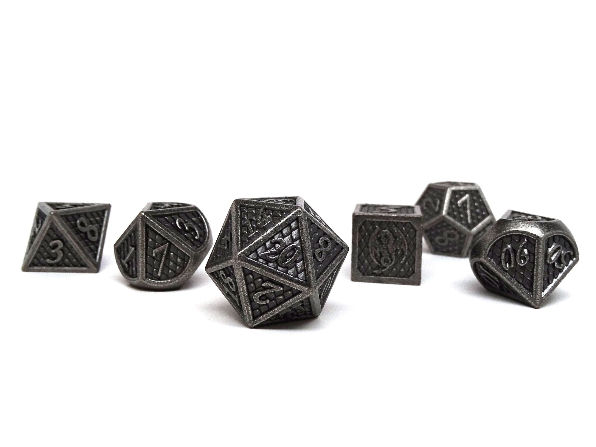 Dragon Scale Metal Dice - Bordered Silver Dragon Scales