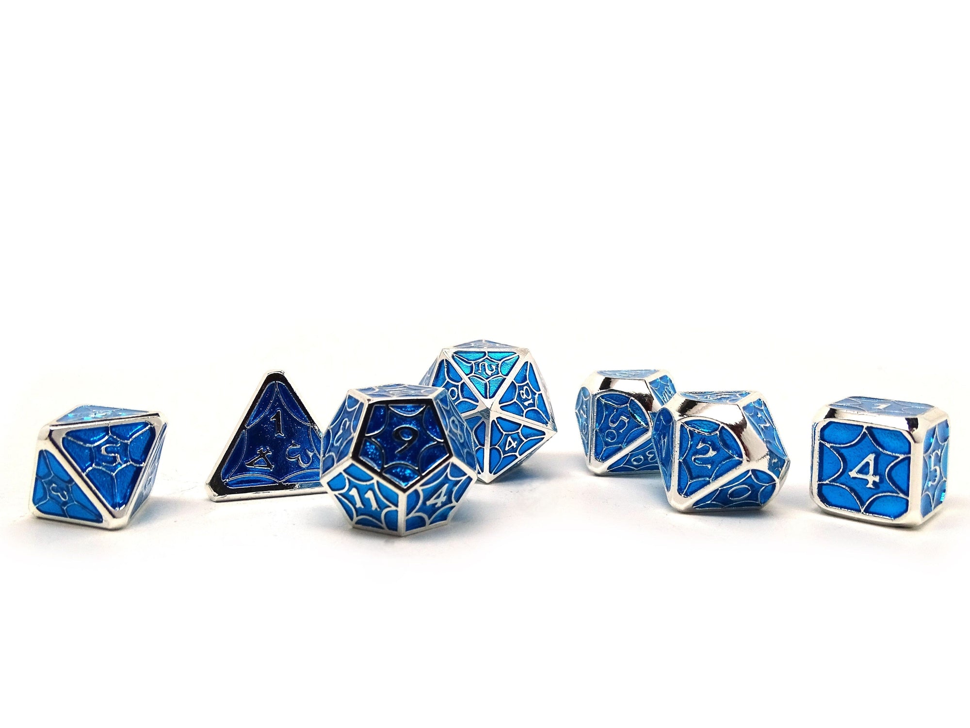 Metal Webs Blue and Silver - 7 Piece Metal Dice Set