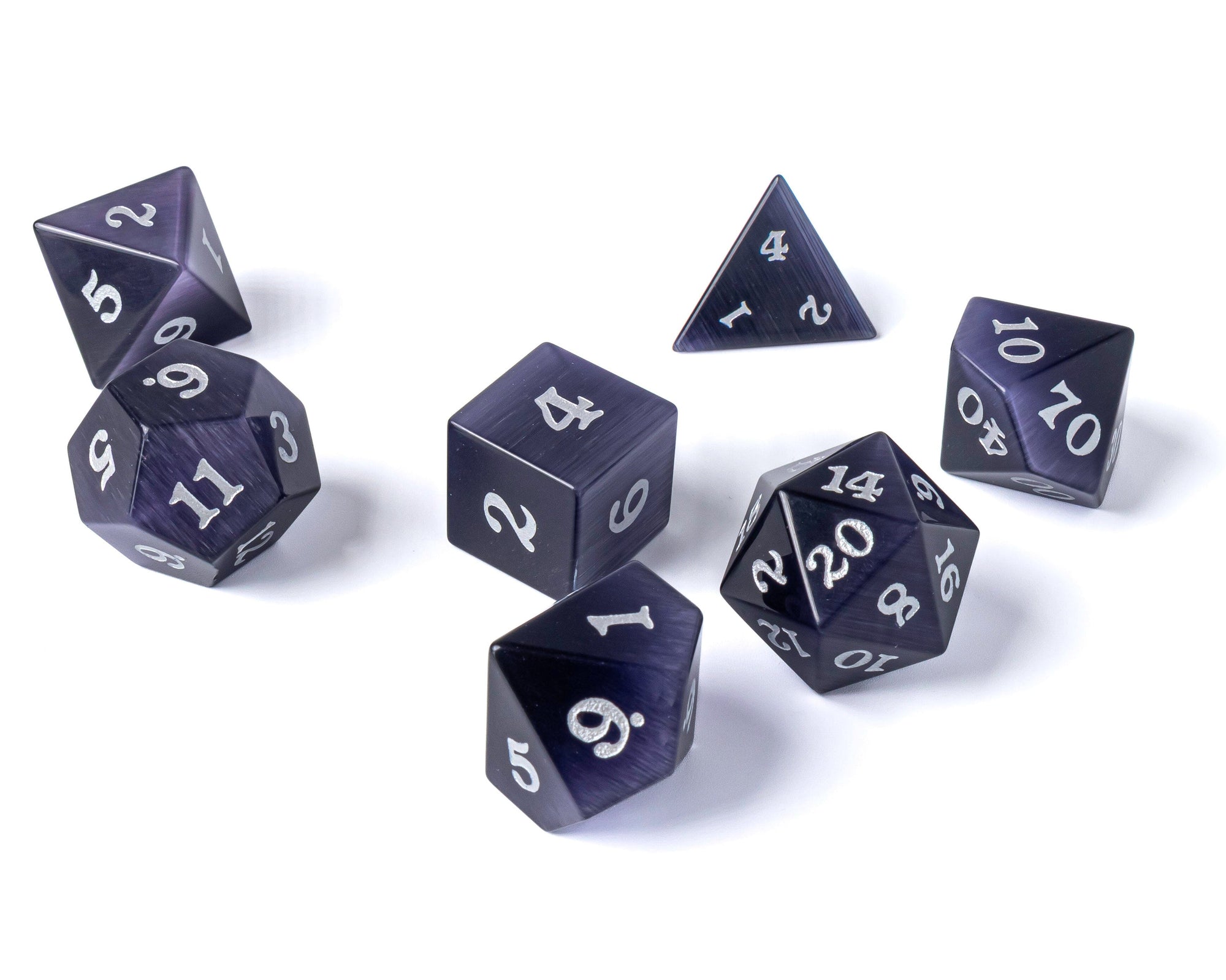 Purple Cat's Eye Dice Set With Signature Font