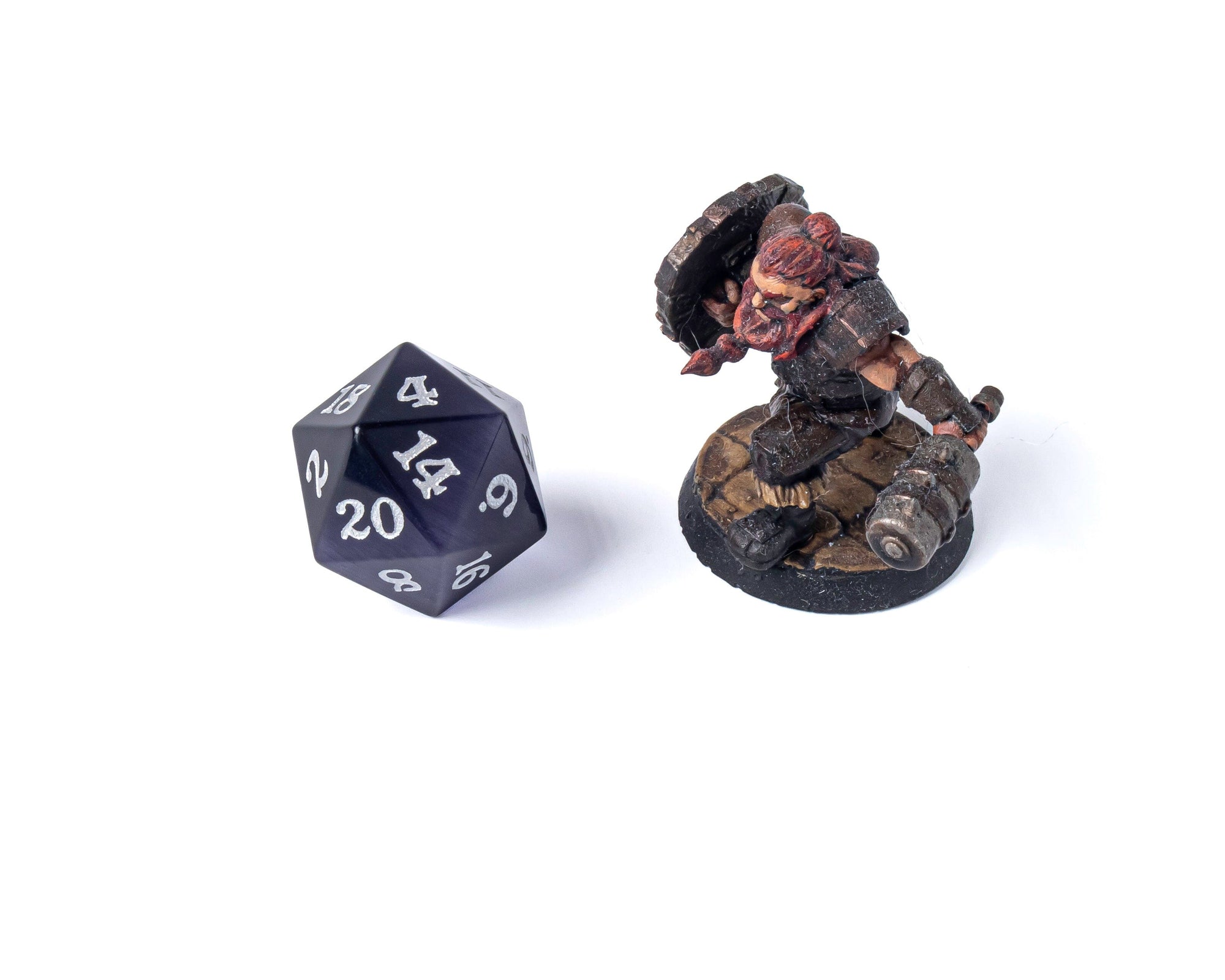 Stone D20 Dice - Purple Cat's Eye - Silver Signature Font