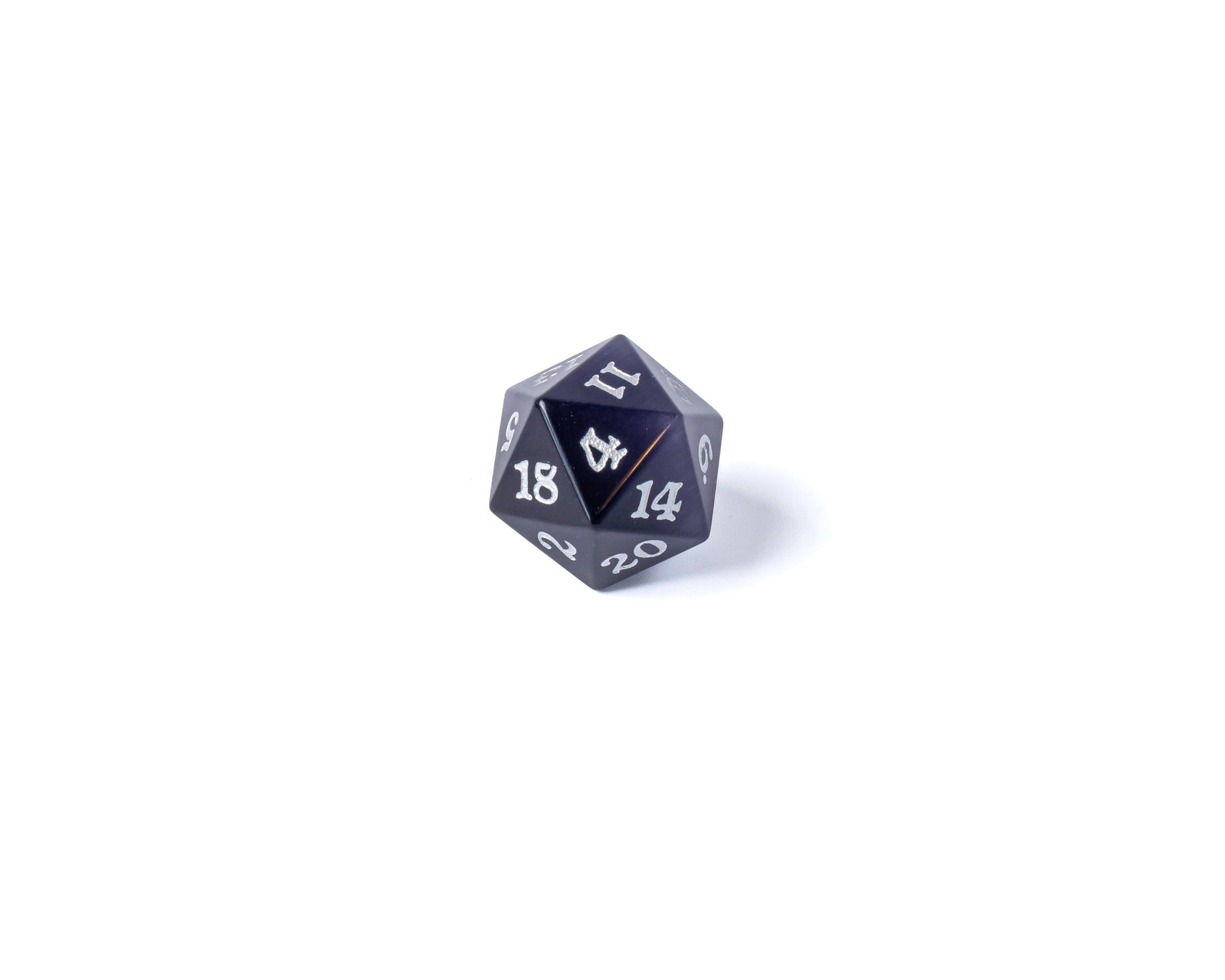 Stone D20 Dice - Purple Cat's Eye - Silver Signature Font