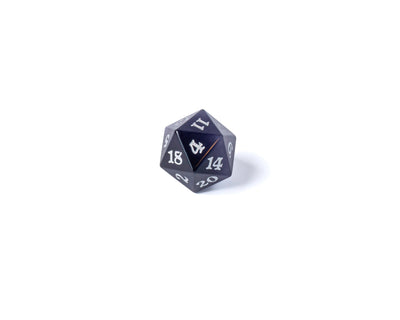 Stone D20 Dice - Purple Cat's Eye - Silver Signature Font