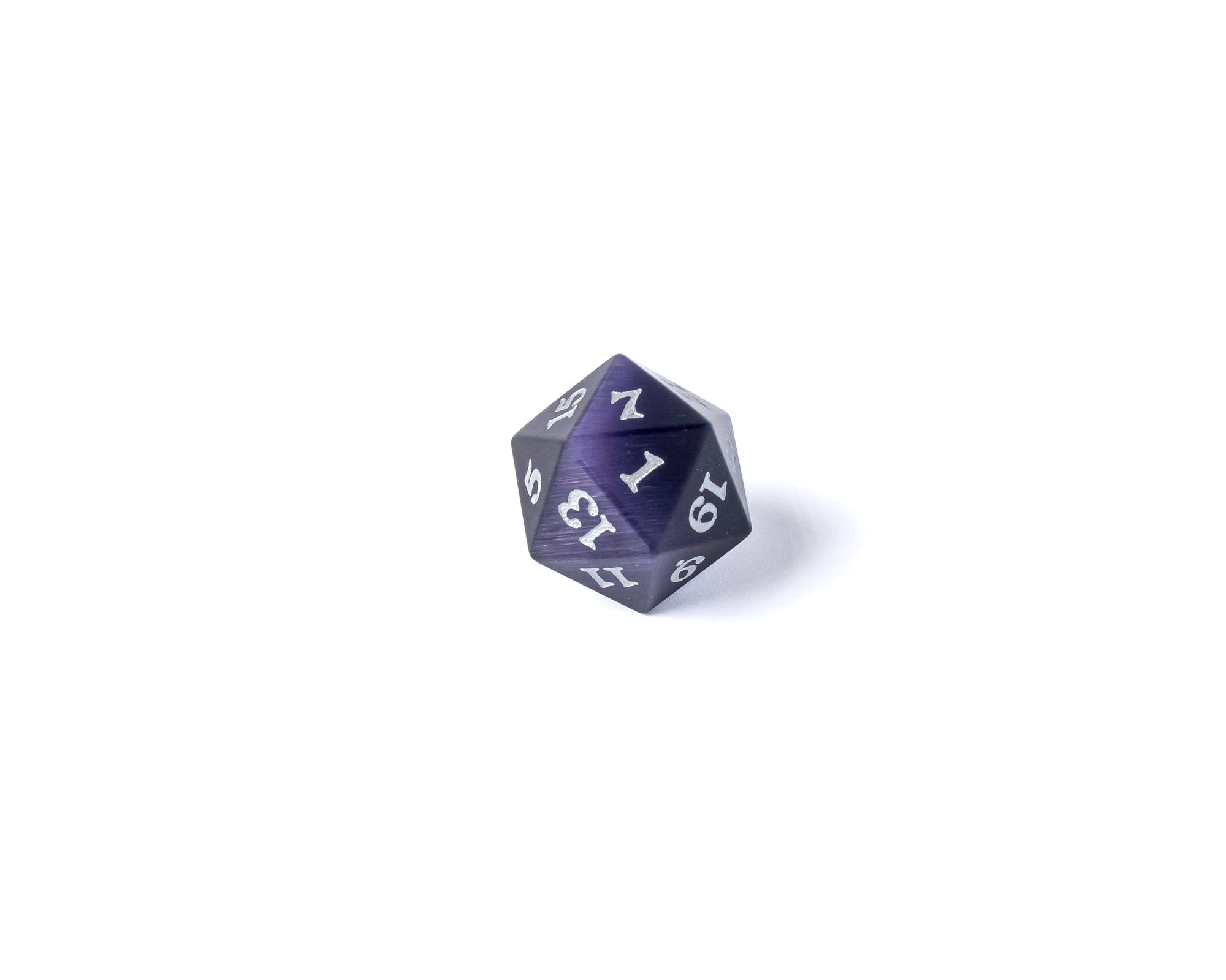 Stone D20 Dice - Purple Cat's Eye - Silver Signature Font