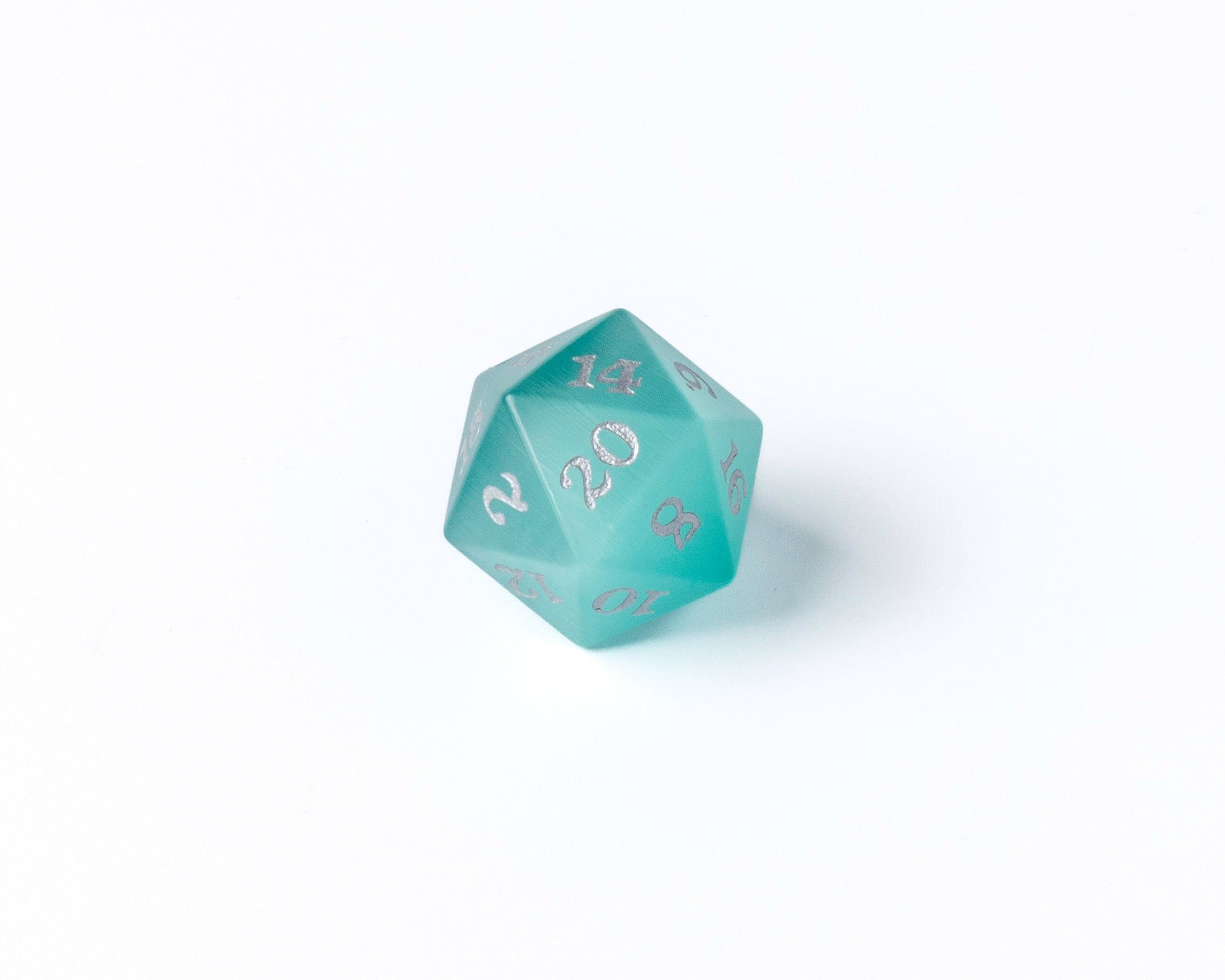 Stone D20 Dice - Mint Cat's Eye - Silver Signature Font