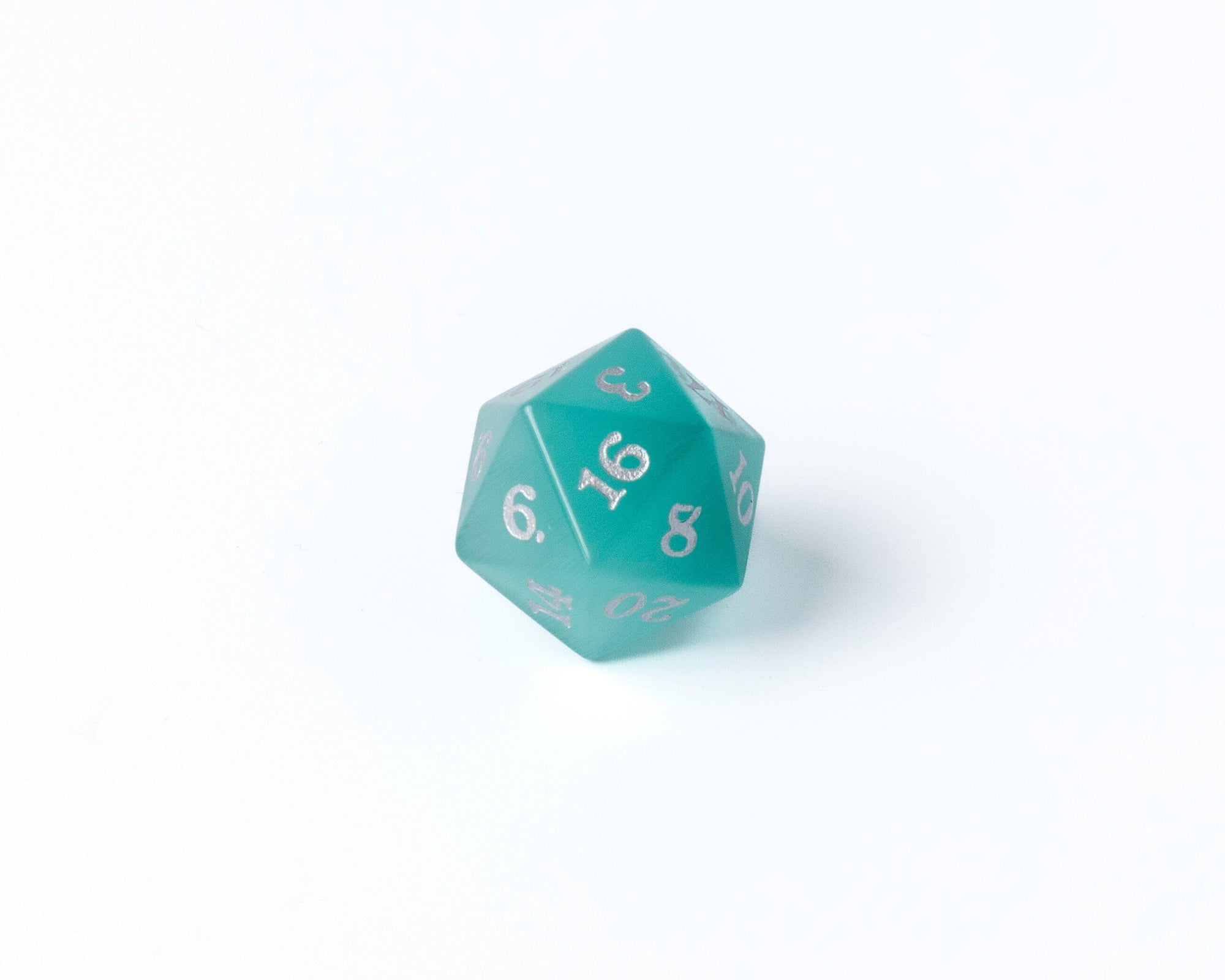 Stone D20 Dice - Mint Cat's Eye - Silver Signature Font
