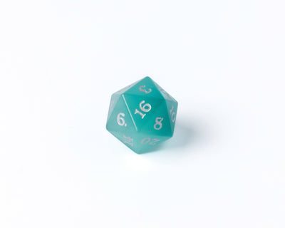Stone D20 Dice - Mint Cat's Eye - Silver Signature Font