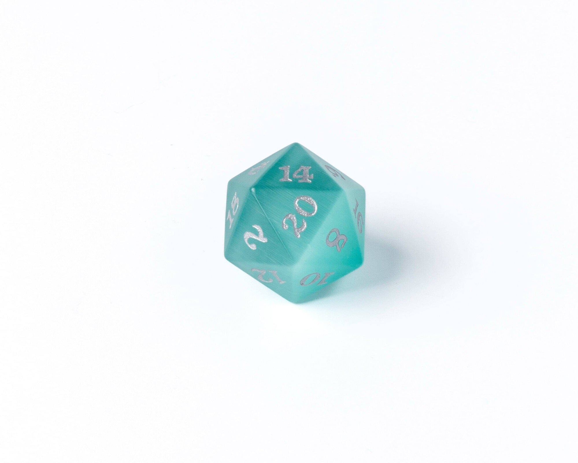 Stone D20 Dice - Mint Cat's Eye - Silver Signature Font