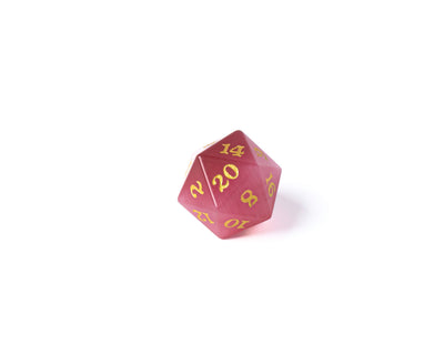 Stone D20 Dice - Rose Cat's Eye - Gold Signature Font