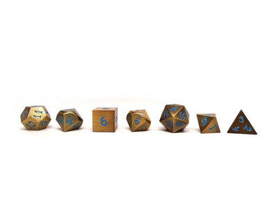 gold dice with blue numbers