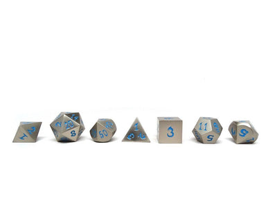 antique silver dice with blue numbers