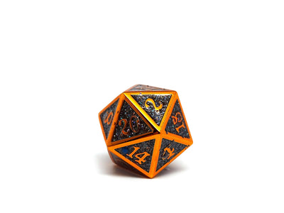 Heroic Dice of Metallic Luster - Single D20 Dice - Black with Orange Font