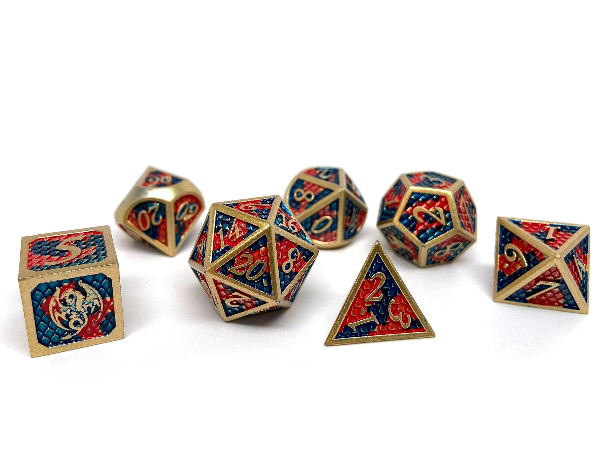 red and blue dragon scale dice set