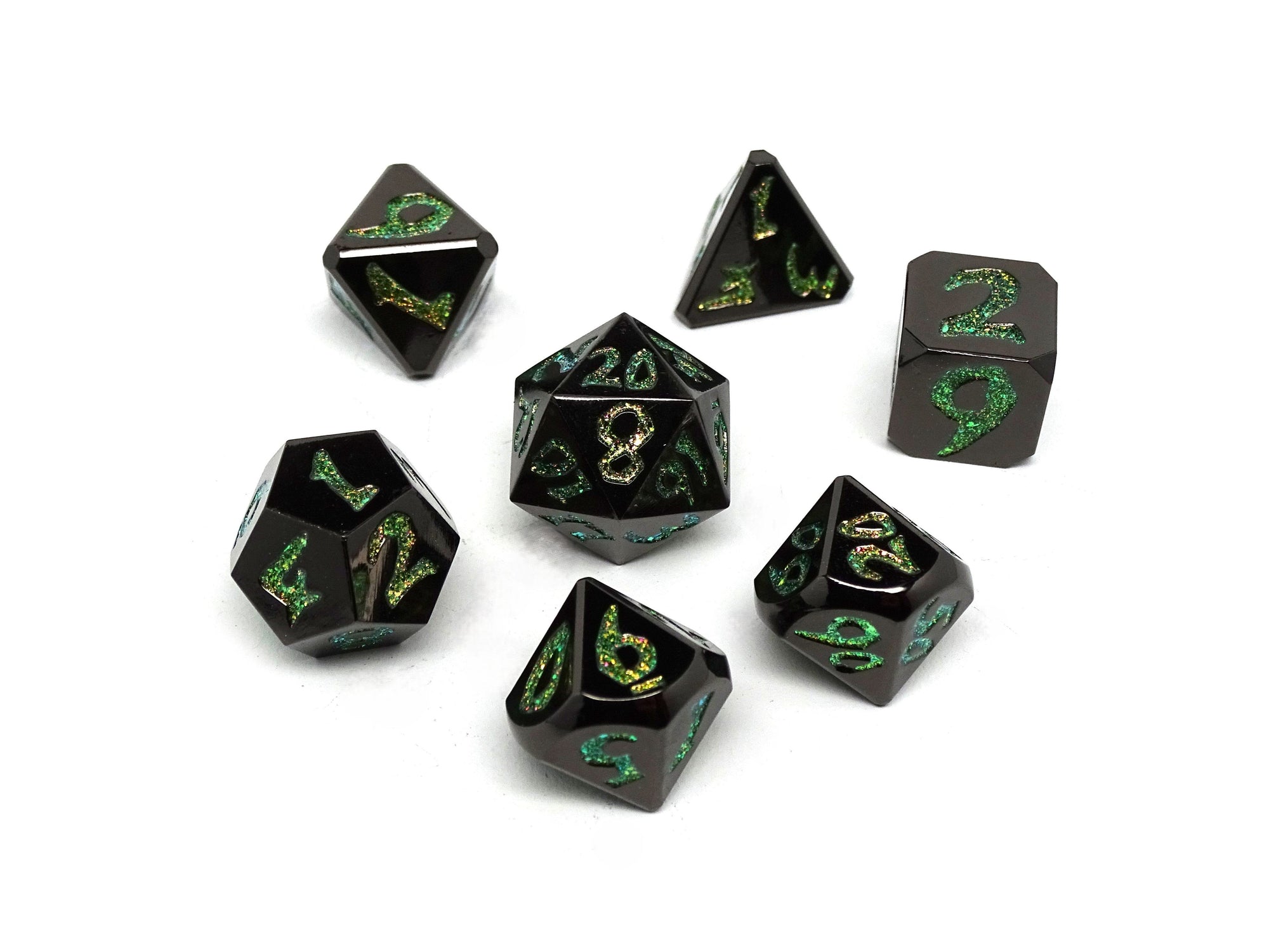 Blunt Tipped Gunmetal Enchanted Green - Metal 7 Piece Dice Set