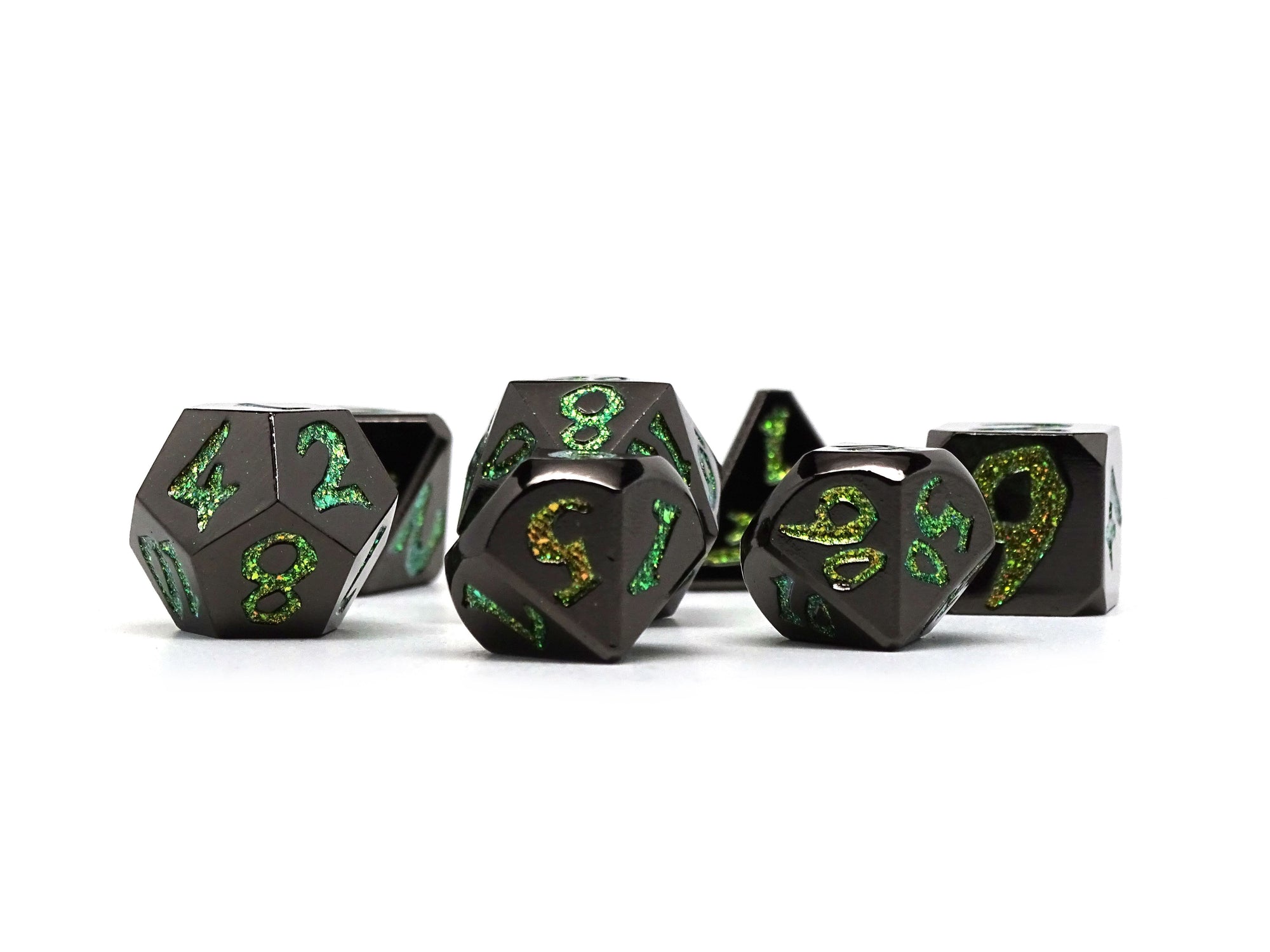 Blunt Tipped Gunmetal Enchanted Green - Metal 7 Piece Dice Set