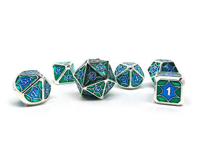 Metal Webs Green and Silver - 7 Piece Metal Dice Set