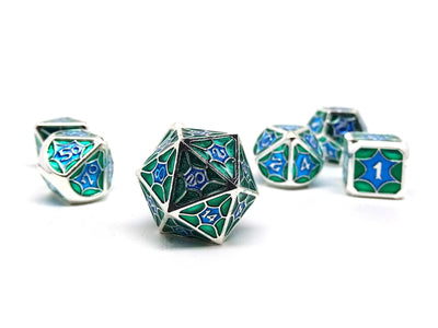 Metal Webs Green and Silver - 7 Piece Metal Dice Set