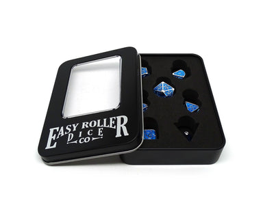 Metal Webs Blue and Silver - 7 Piece Metal Dice Set