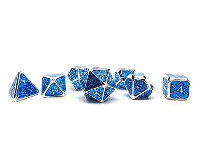 Metal Webs Blue and Silver - 7 Piece Metal Dice Set