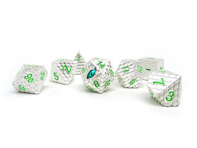 Silver Metal Eye of the Dragon Dice Set - Green