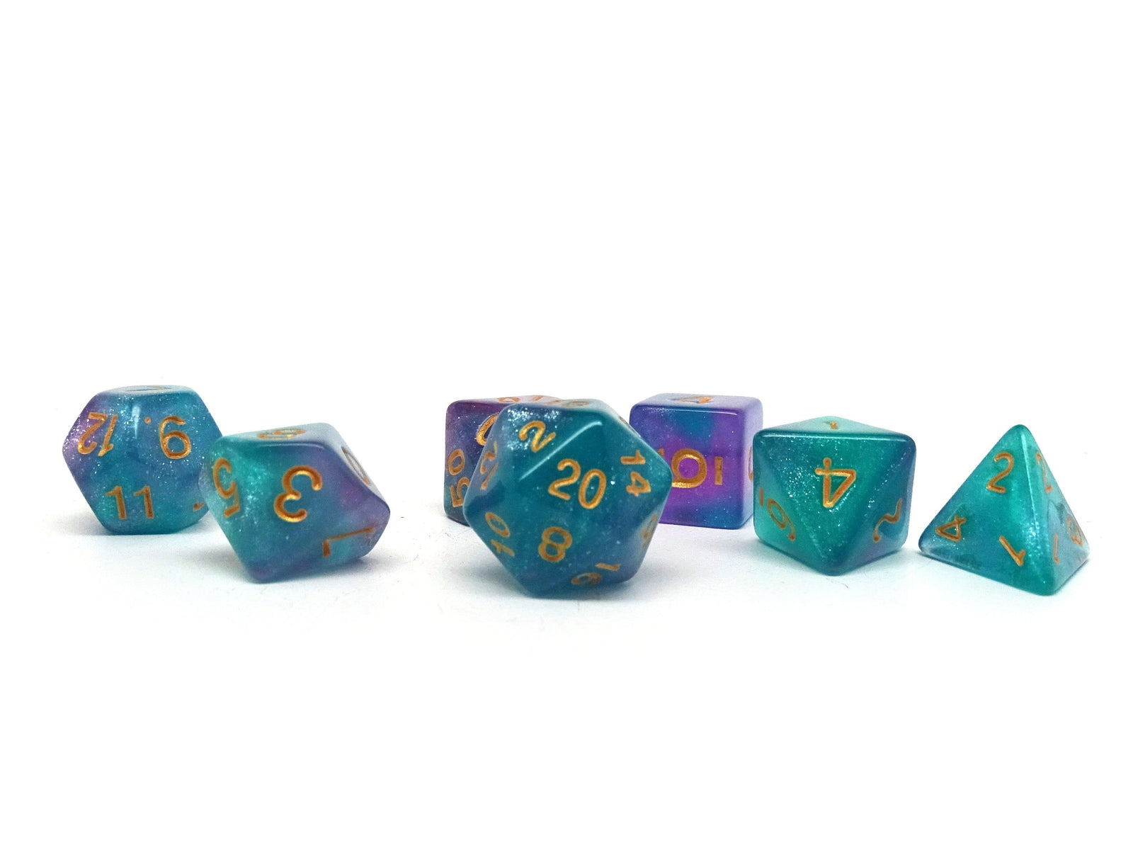 purple and blue dice set