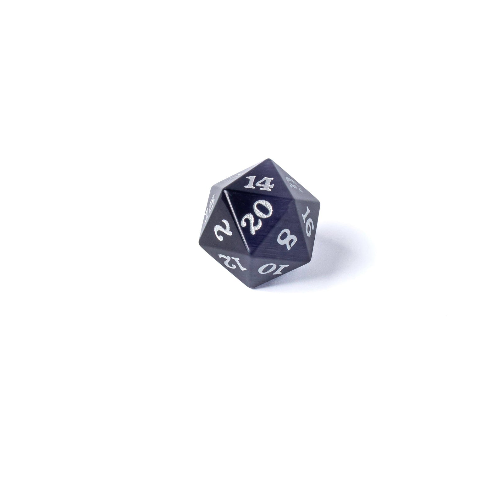 Stone D20 Dice - Purple Cat's Eye - Silver Signature Font