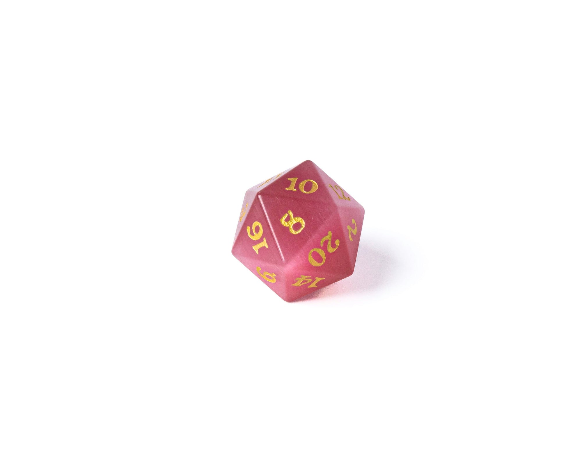 Stone D20 Dice - Rose Cat's Eye - Gold Signature Font