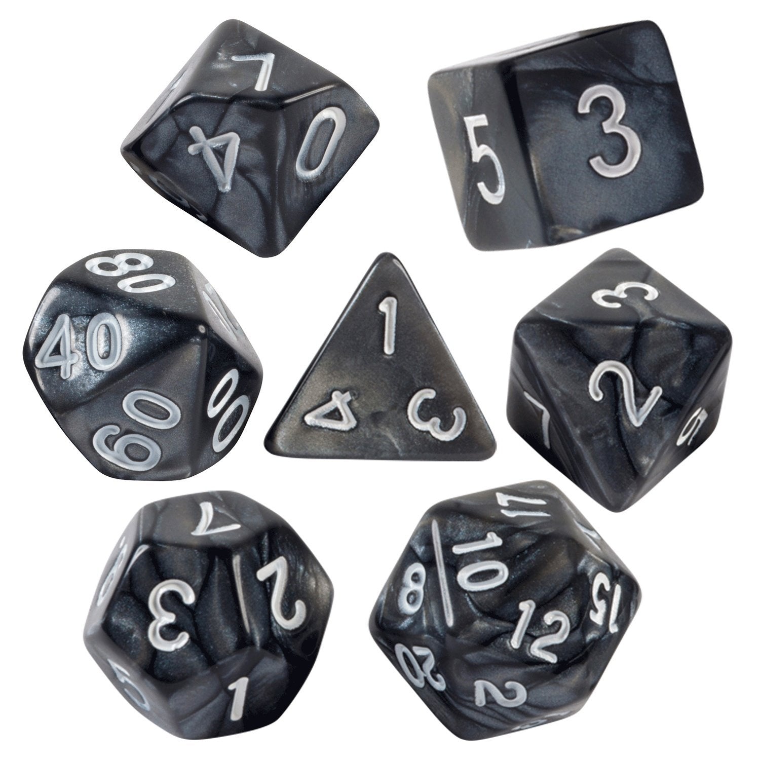 Black Marbled 7 Dice Set With Bag