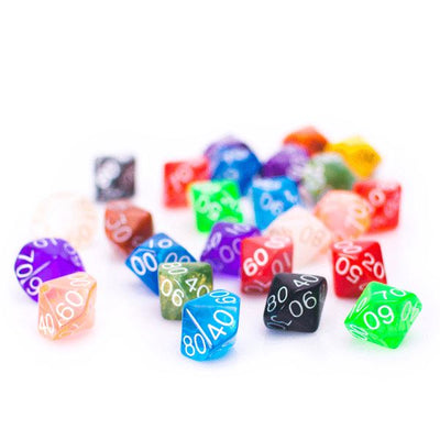 25 Count Assorted Pack of 10 Sided Percentile Dice - Multi Colored Assortment of D100 Polyhedral Dice