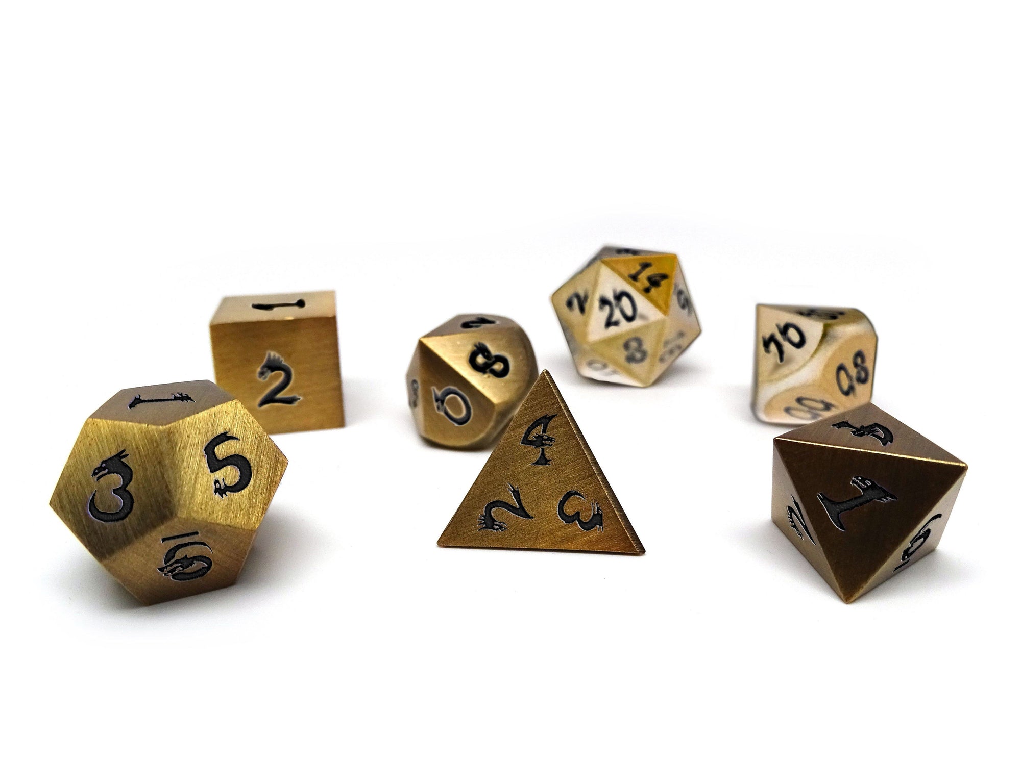 gold dice with dragon font