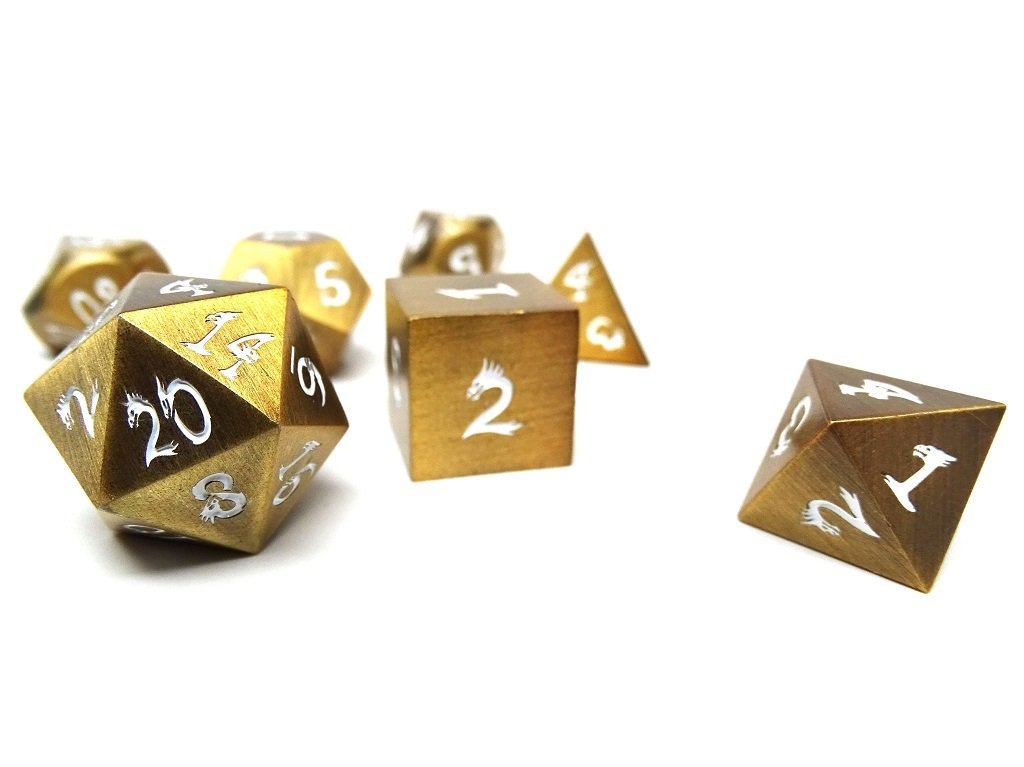 gold dice with white numbers