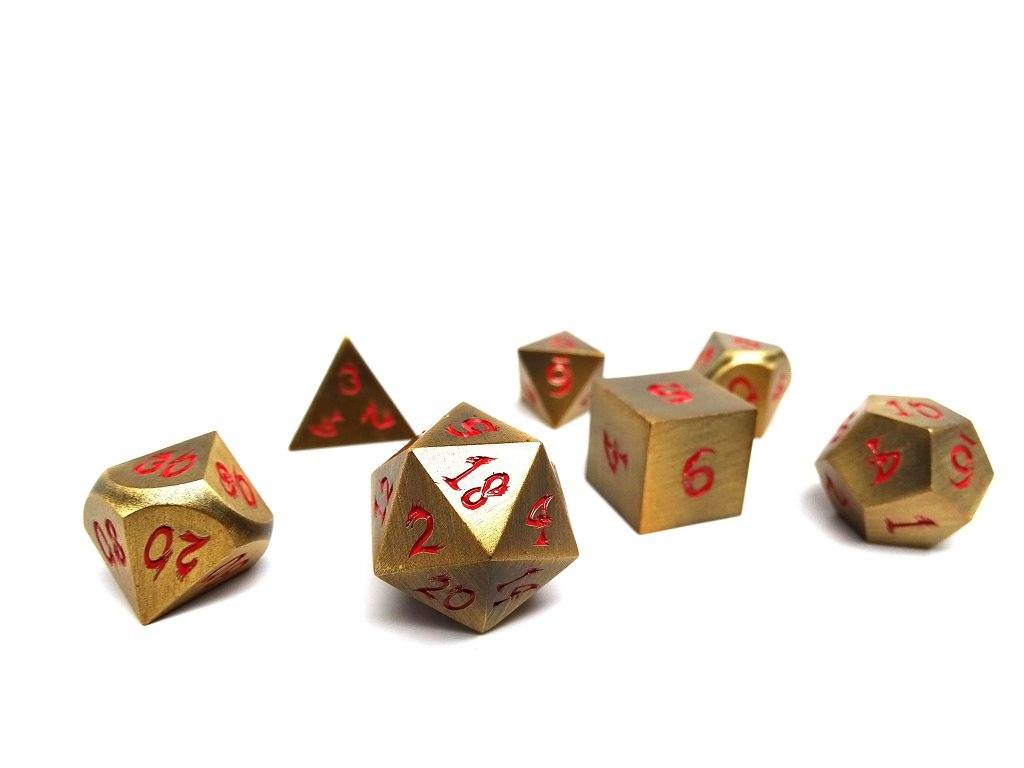 gold dice with red numbers