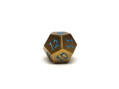 Metal Dice of Ancient Dragons - Ancient Gold with Powder Blue Dragon Font