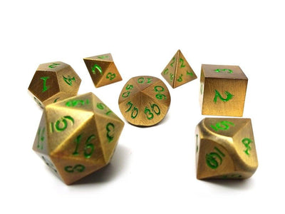 gold dice with green font