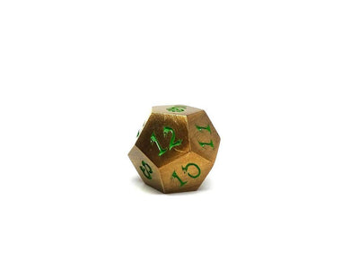 Metal Dice of Ancient Dragons - Ancient Gold with Green Dragon Font