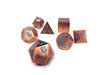 copper dice with blue dragon font