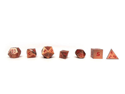 copper dice with red font