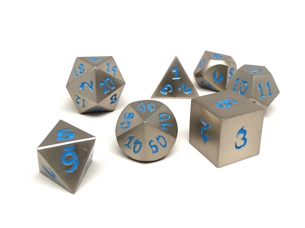 silver dice with blue numbers