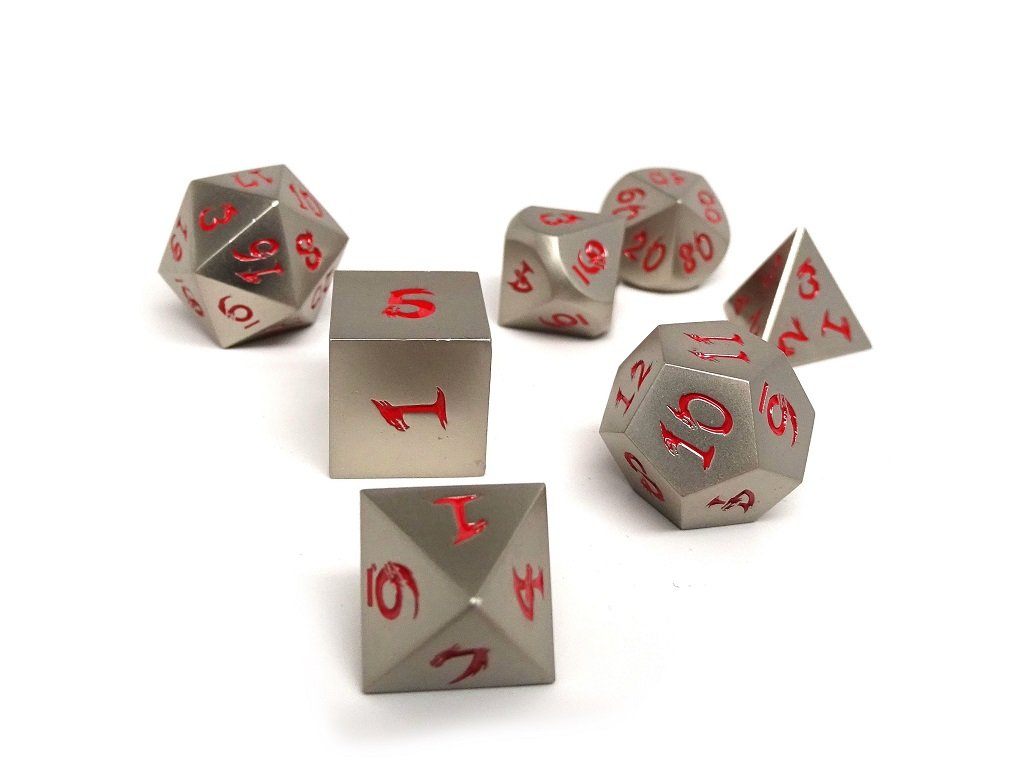 silver dice with red numbers