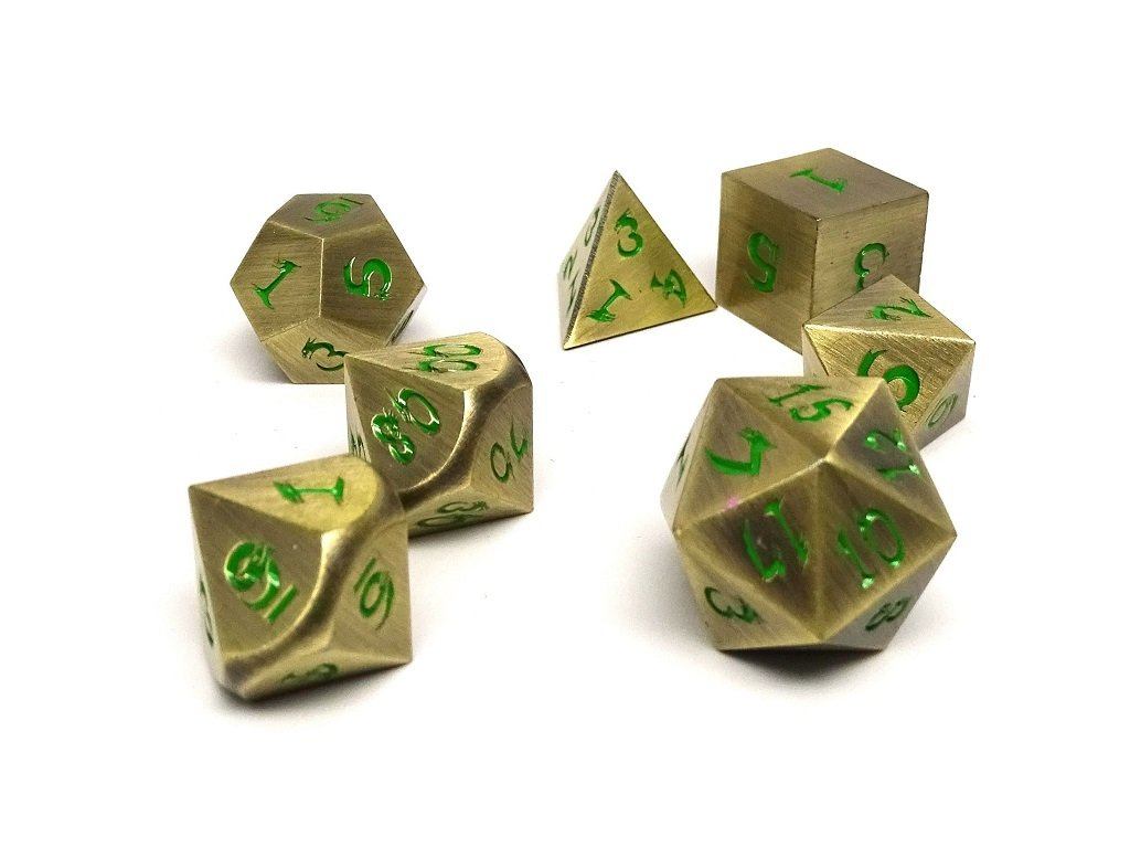 gold dice with green numbers