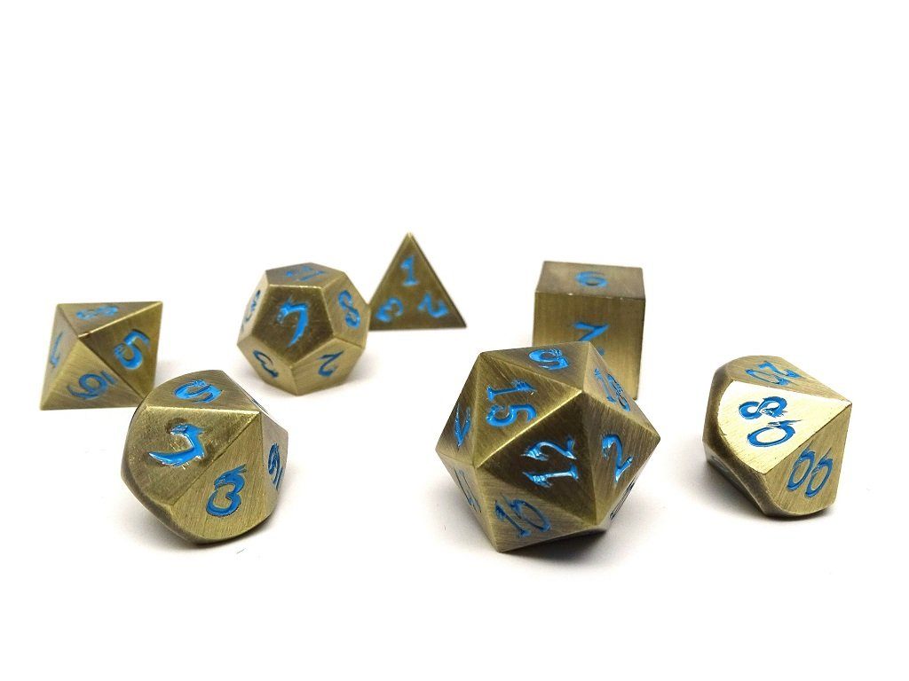 bronze dice with blue font