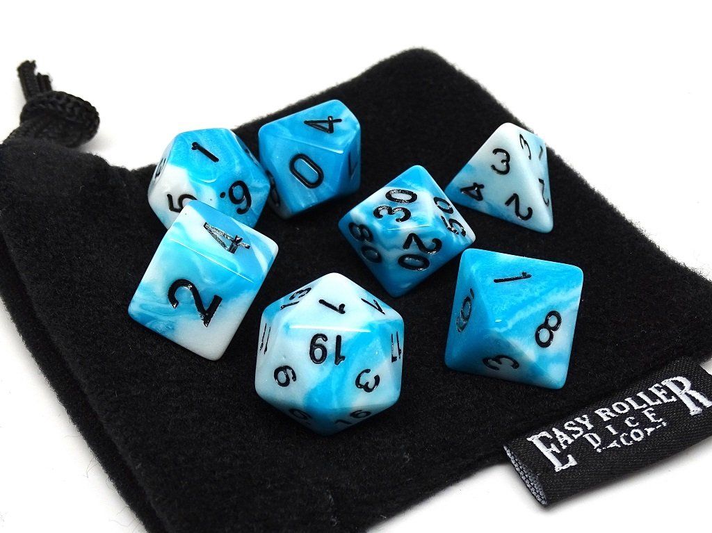 Cyan and White Swirl - 7 Piece Dice Collection
