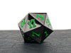 large metal d20 dice with green numbers