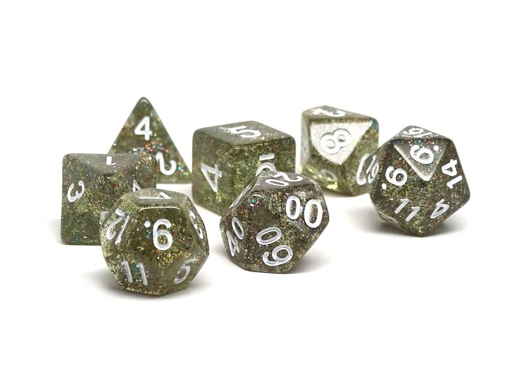 Green Glitter Galaxy Dice Collection - 7 Piece Set