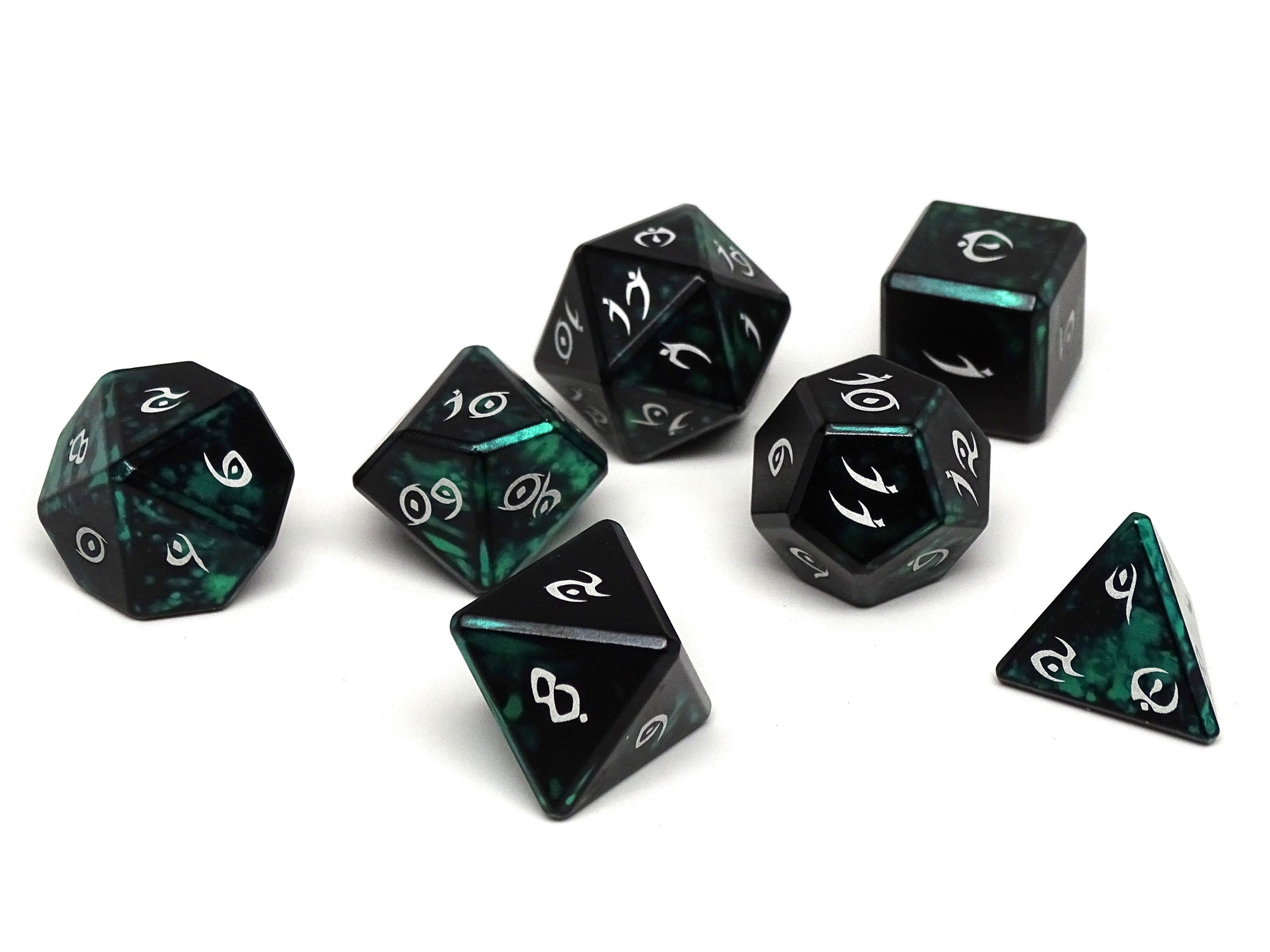 green and black aluminum dice set
