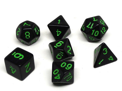 Black Opaque with Green Numbering Dice Collection - 7 Piece Set