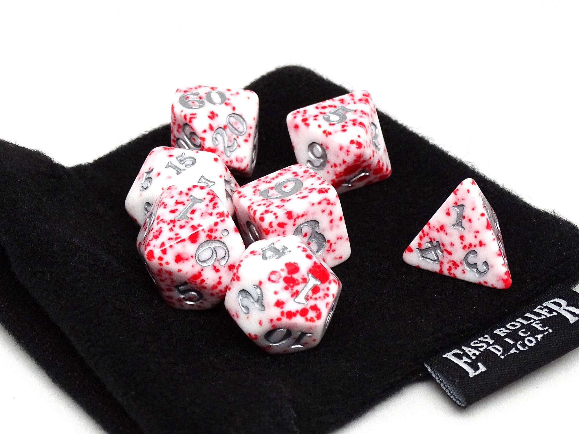 Red Color Spray Dice Collection - Silver Signature Font - 7 Piece Set