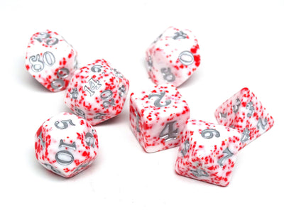 Red Color Spray Dice Collection - Silver Signature Font - 7 Piece Set