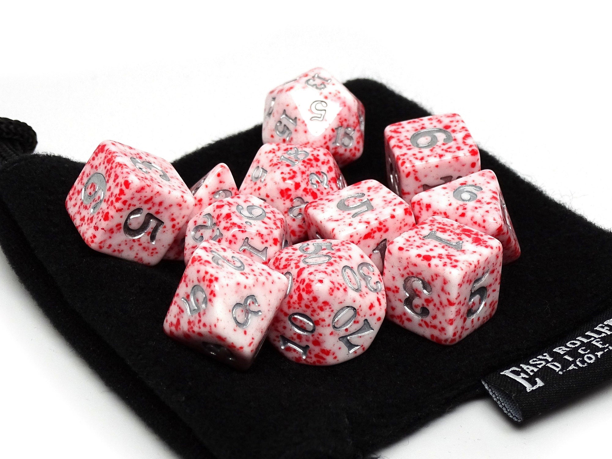 Red Color Spray Dice Collection - Silver Signature Font - 11 Piece Set