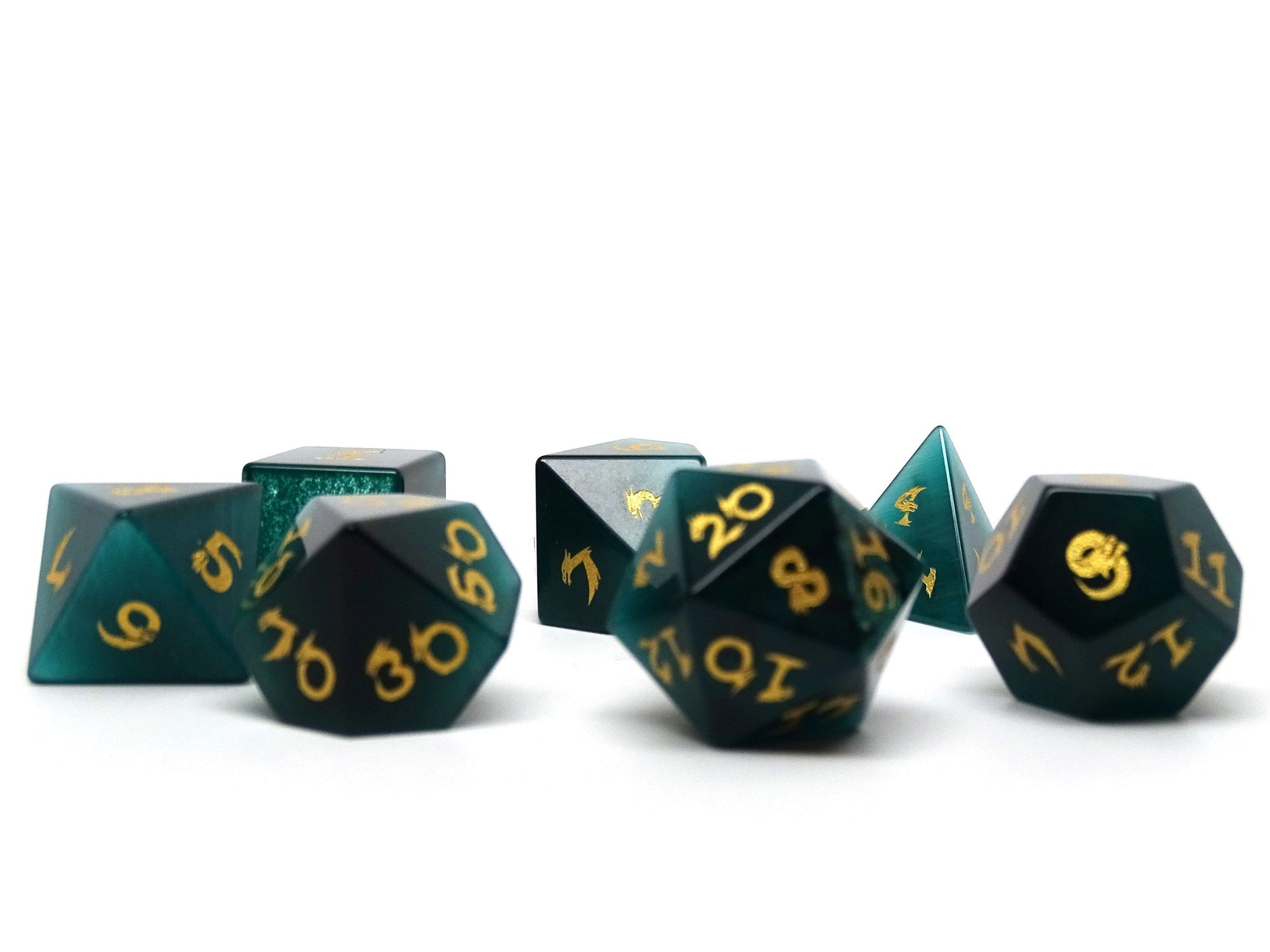 green cat's eye dice with dragon font